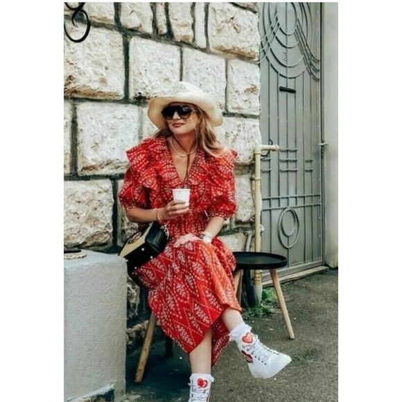 Zara Red Dress with Eyelet Embroidery Midi Length Size Small - Picture 16 of 16